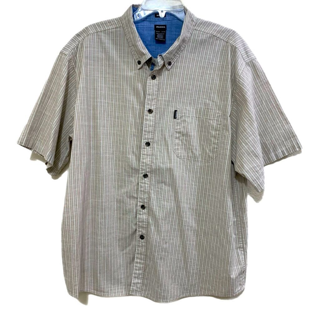 DICKIES Short Sleeve Button Up Shirt Men’s XXL Tan White.